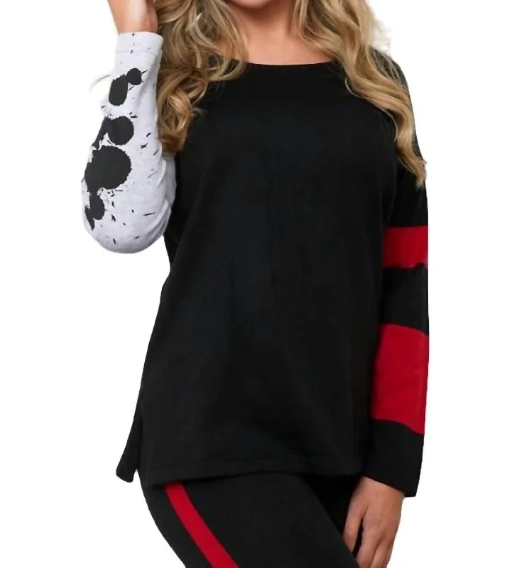 Splatter Stripe Sleeve Scoop Pullover In Jet Wrist Length Sleeve