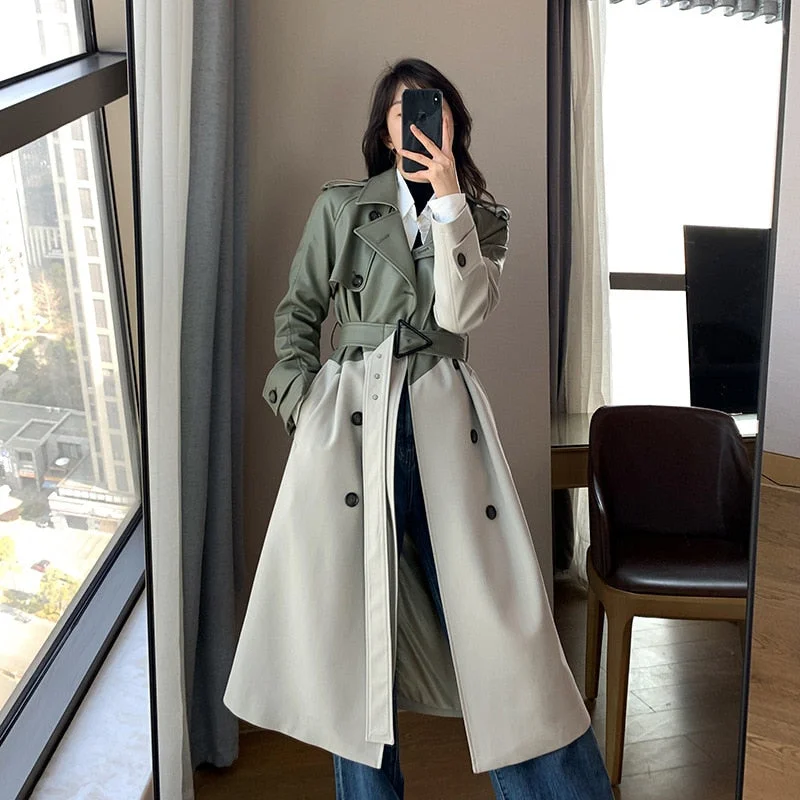 Wjczt Women's Coat Spring Autumn Windbreaker Jacket Female Green Trench Quality Clothing Leather Stitching Windproof Long Ladies Cloak Stand-Up Collar Roll-Neck Collar Turtle Neck Wjczt Women's Coat Spring Autumn Windbreaker Jacket Female Green Trench Quality Clothing Leather Stitching Windproof Long Ladies Cloak Stand-Up Collar Roll-Neck Collar Turtle Neck