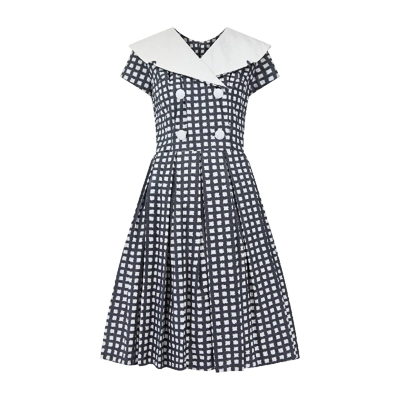 1950s Grey and White Cotton Box Pleat Dress