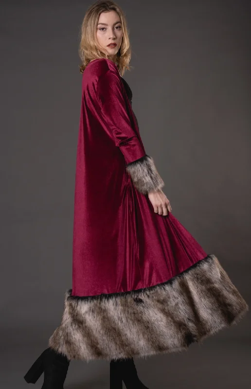 Burgundy Velvet Maxi Coat with Faux Faux Cuffs and Hem Tie-Waist Belted Drawstring