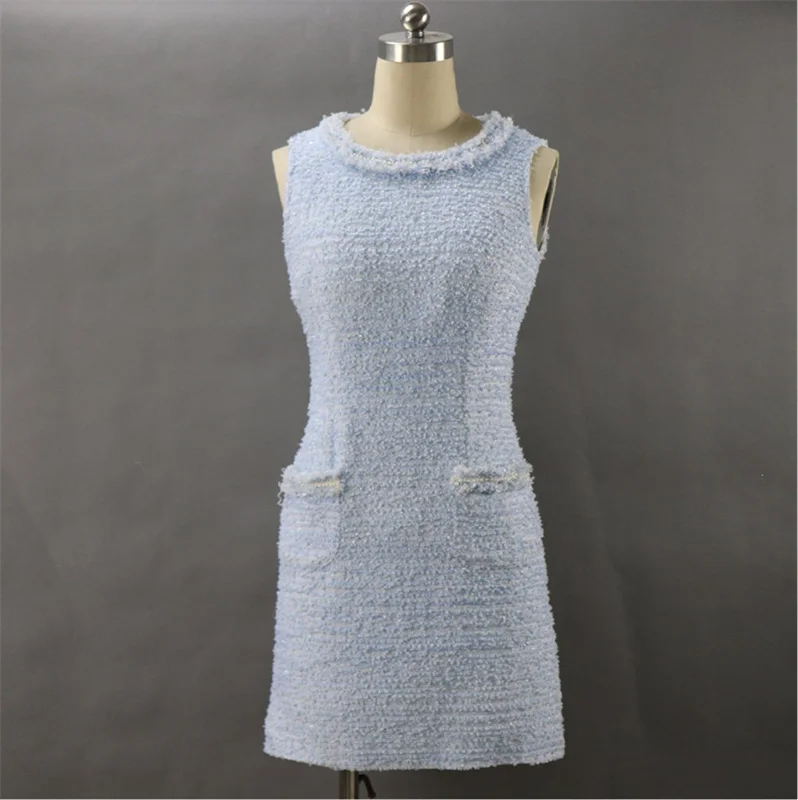 Tweed Sheath Dress Light Blue For Womens Custom Made