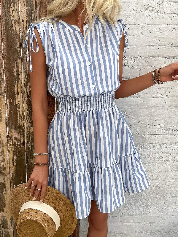ESSNCE SUMMER BLUE WHITE STRIPED COTTON DRESS WITH SHOULDER PLEATS BOW BELT AND CINCHED WAIST FOR WOMEN
