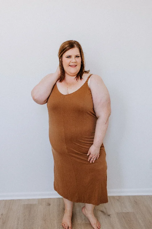 MIDI LENGTH SLIP DRESS IN RAW UMBER