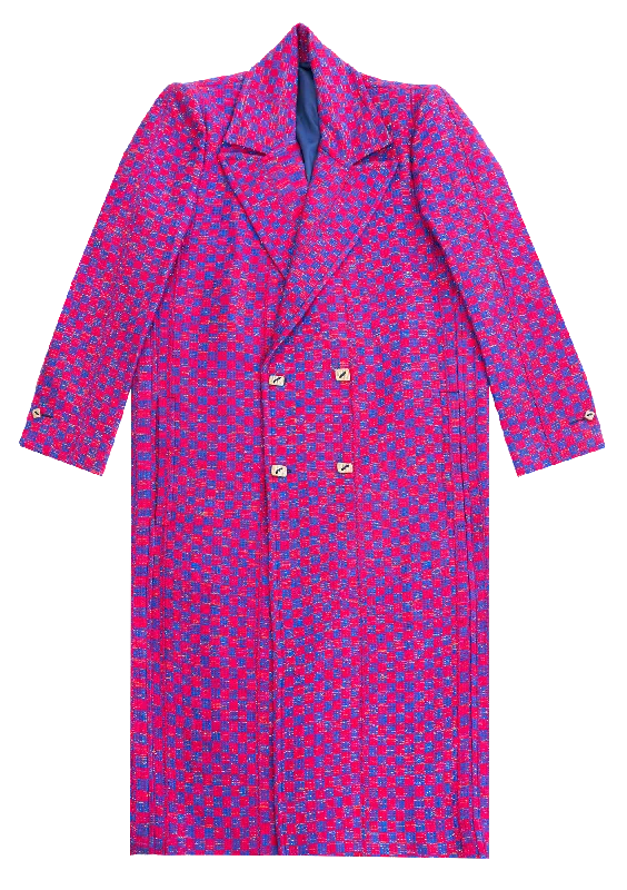 The Ella I blue and pink long and breasted Coat Peter Pan Collar Cowl Neck Turtleneck