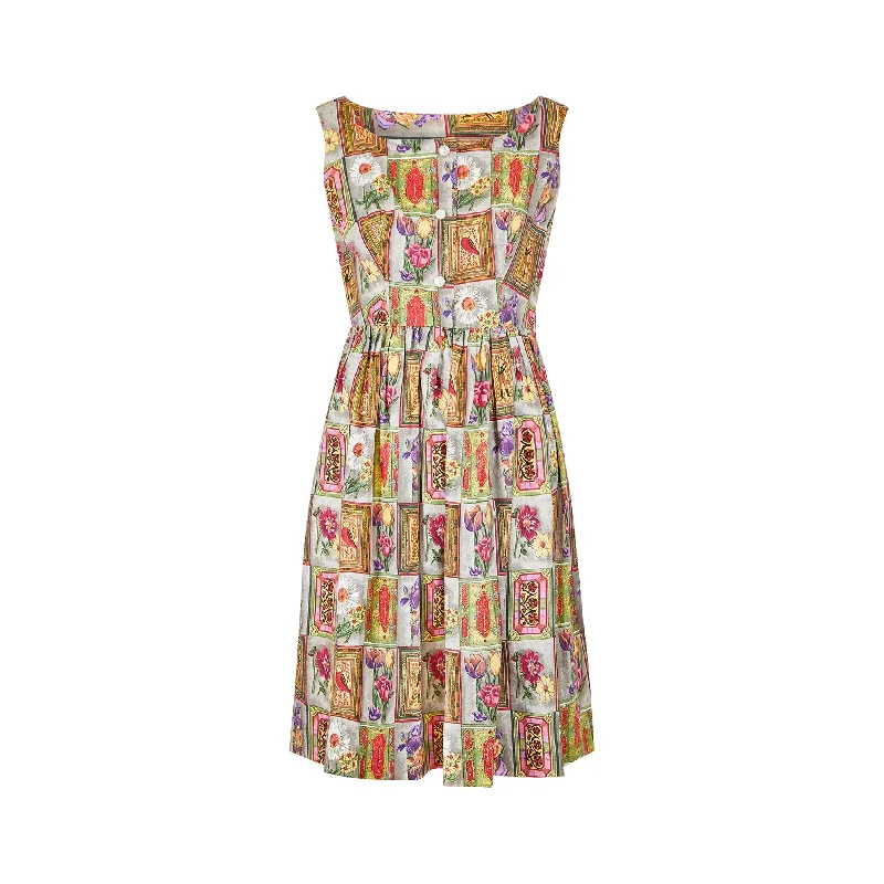 1960s Parikene Cotton Novelty Frame Print Shirtwaister Dress