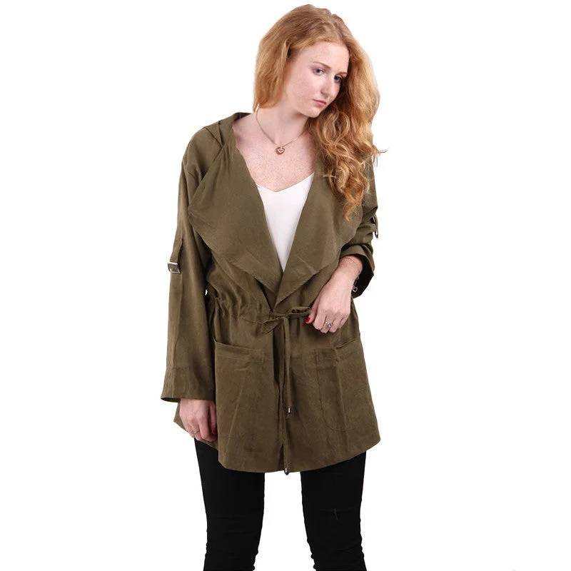 Women hooded long trench casual loose long sleeve solid coats casaco feminine Adjustable Waist street wear tops CT1083 Cuffed Rolled Raglan