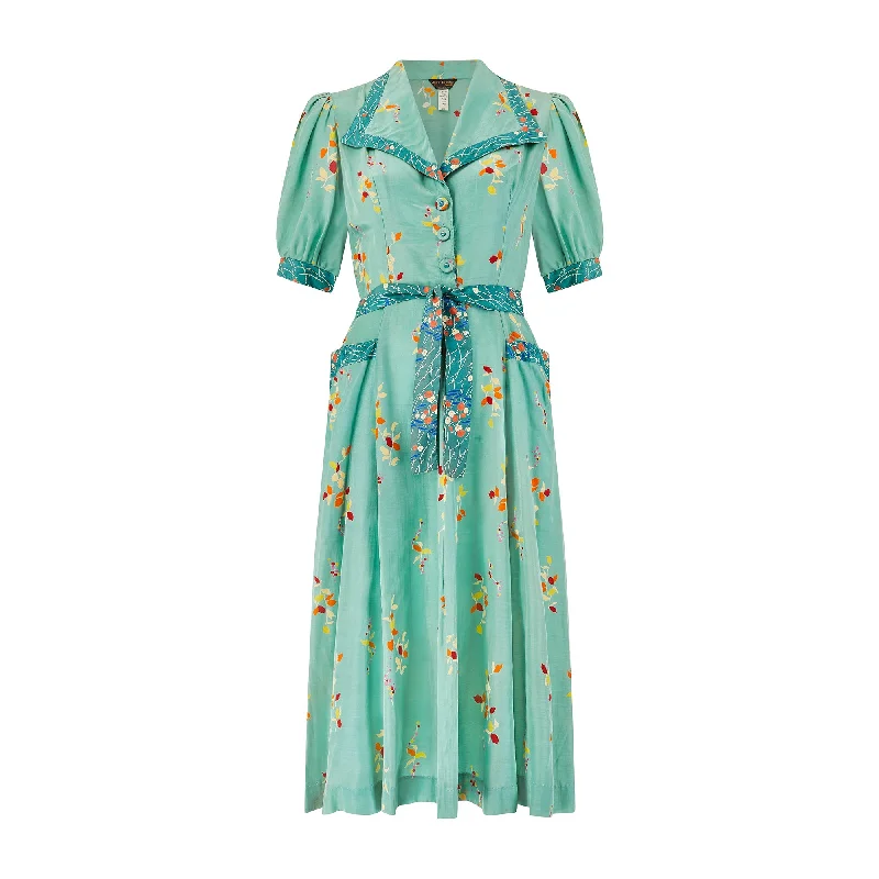 1970s Jeff Banks Seafoam Green Dress with Floral Print
