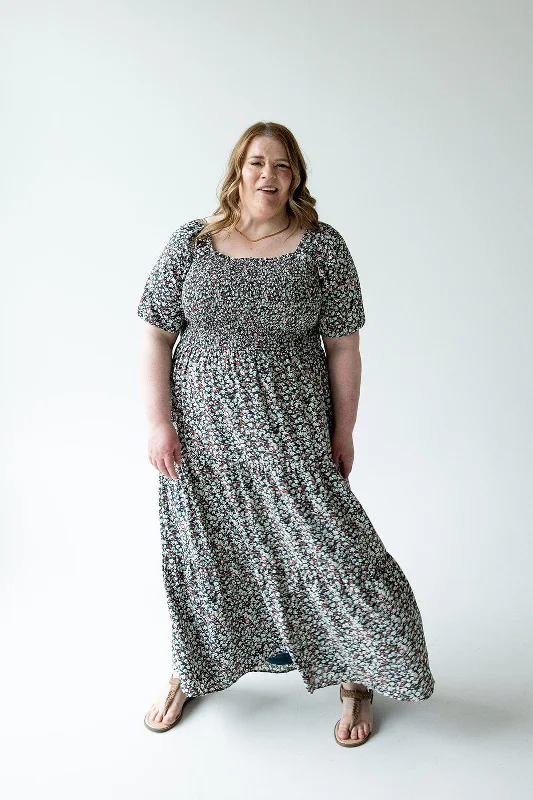FLOOR LENGTH SMOCKED BODICE DRESS IN FORBIDDEN FORREST
