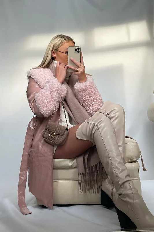 Pink Faux Suede Aurora Coat with Faux Shearling Cuff & Collar Tweed Herringbone Houndstooth