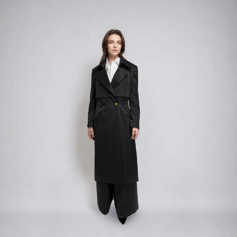 Vegan Silk Trench Coat - Linen & Cupro | Black Suede Faux Fur Shearling