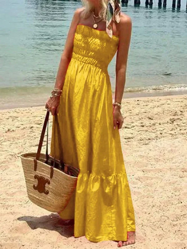 LUNE WOMEN CASUAL STRAPLESS SUMMER HOLIDAY DRESS WITH SIMPLE FRILL TRIMMED DECORATION