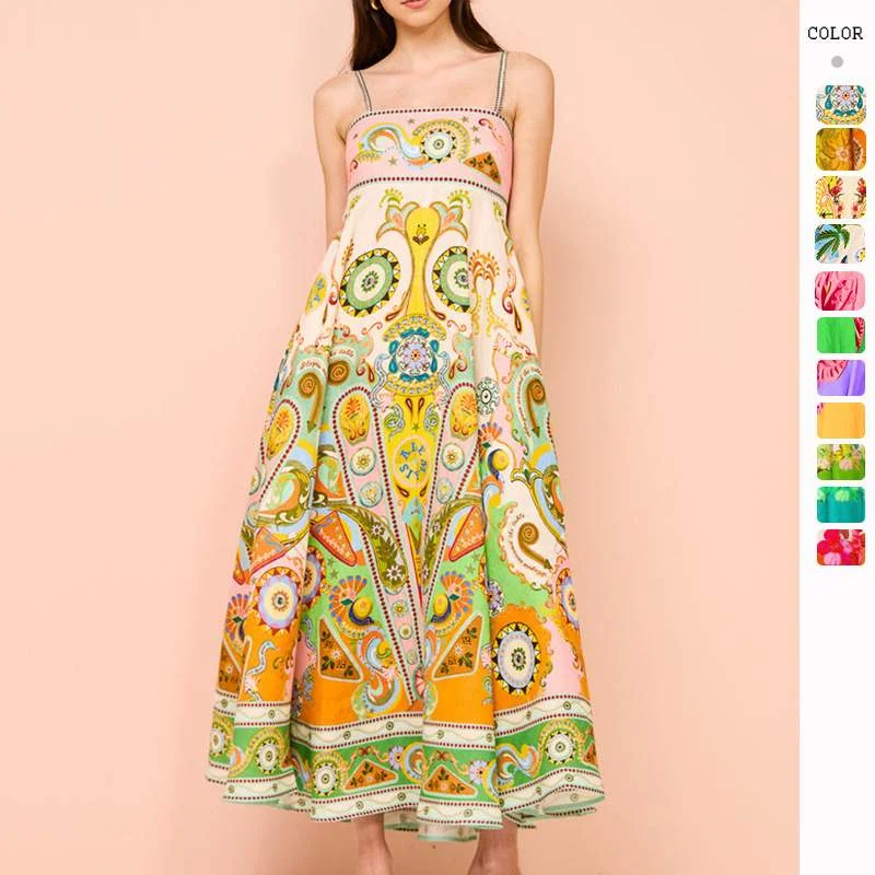 SEXY SLING ELEGANT PRINTED HIGH WAIST LARGE SWING DRESS