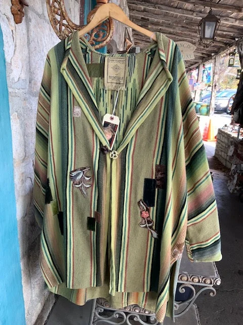 Vintage Serape Coat with Velvet Patching Greens Trench Raincoat Windbreaker