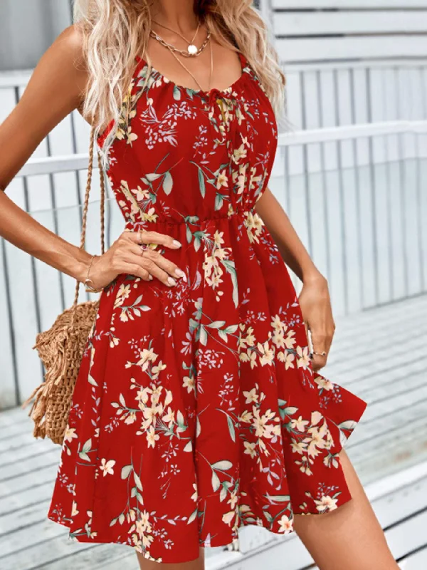 FLORAL PRINT TIE FRONT CAMI DRESS