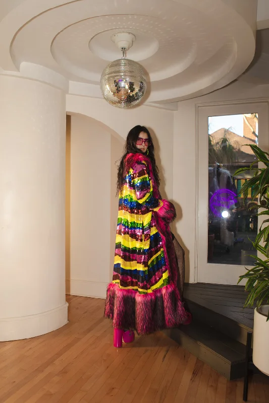 Penny Deluxe Rainbow Coat Sequins Faux Fur M Sequined Lace Ribbed