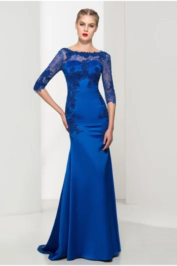 Elegant Satin and Tulle Mermaid Bateau Half-Sleeve Dress with Low-V Back