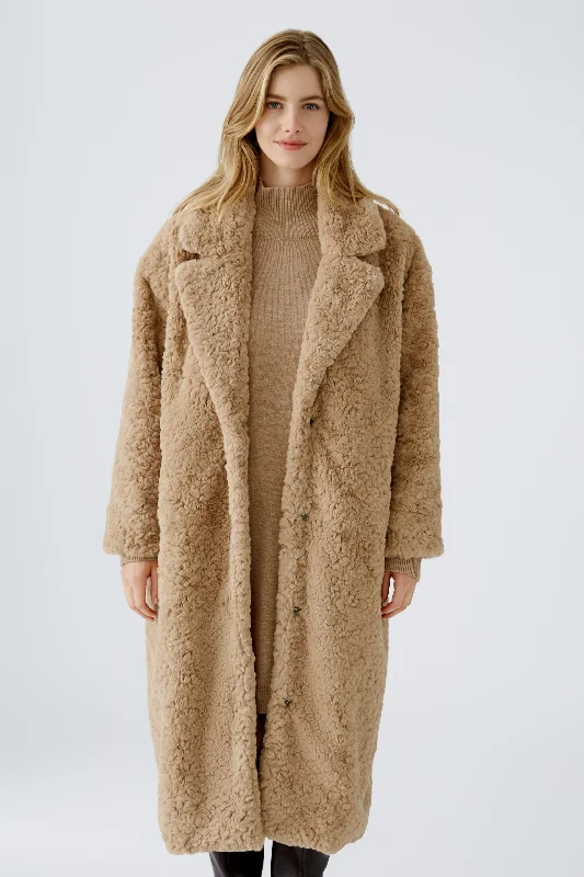 OUI FLUFFY TAN COAT Elasticated Drawstring Belted