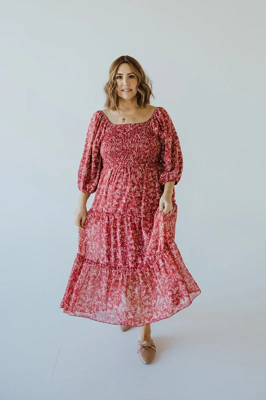 SMOCKED BODICE MIDI LENGTH DRESS WITH BUBBLE SLEEVE
