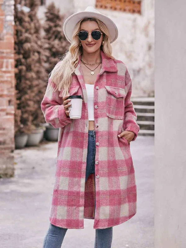 Sianna Plaid Dropped Shoulder Slit Coat Asymmetrical Collar Hooded Zippered