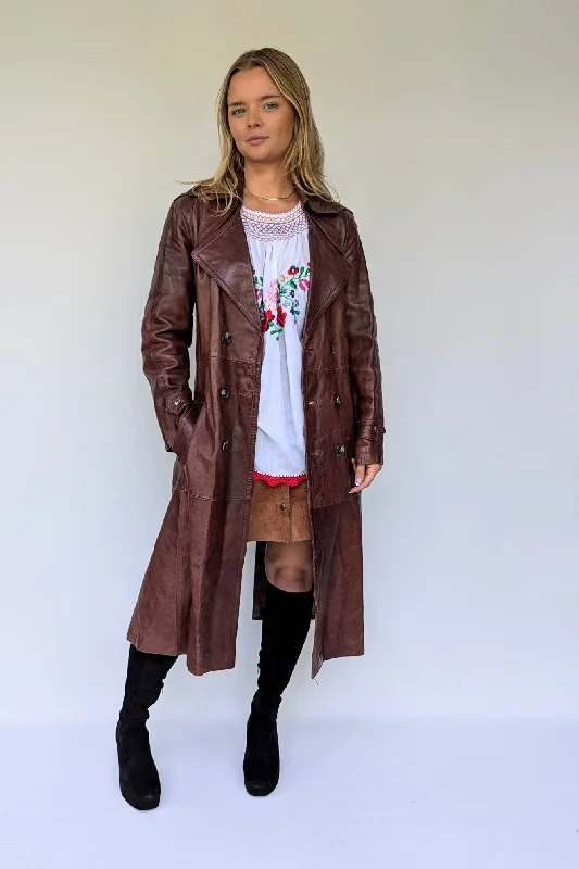 1970's Long Brown Leather Trench Coat Bomber Jacket Denim Jacket Leather Jacket