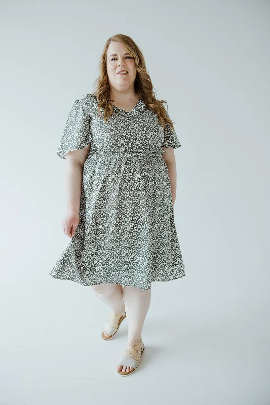 RUFFLE NECKLINE KNEE LENGTH DAINTY FLORAL DRESS IN SECRET GARDEN