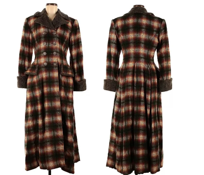 Ralph Lauren Blue Label Maxi Coat Plaid Fur Collar/Cuffs Pockets Sleeves Lining