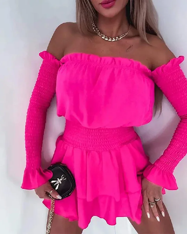 FRILL HEM SHIRRED OFF SHOULDER CASUAL DRESS