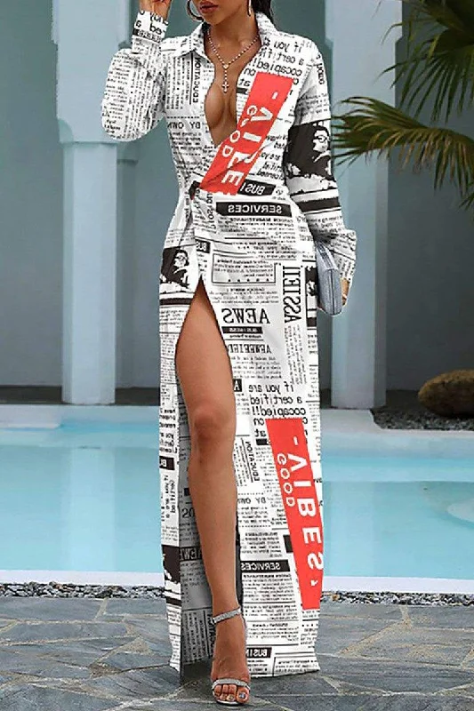 FASHION STREET PRINT SLIT TURNDOWN COLLAR IRREGULAR DRESSES