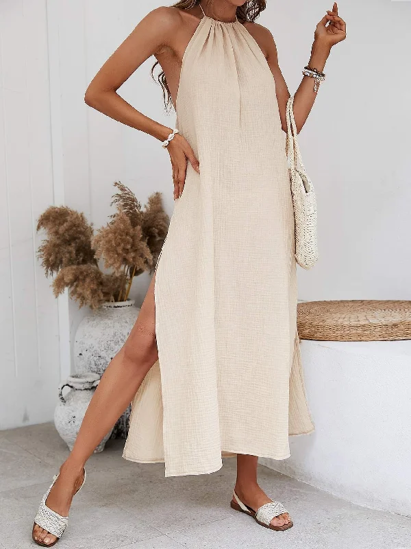 VCAY SPING SOLID HIGH SLIT HEM HALTER NECK BACKLESS SUMMER WOMEN BEACH LONG DRESS