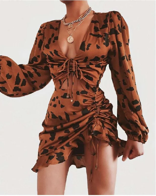 Leopard Drawstring Design Ruffles Dress