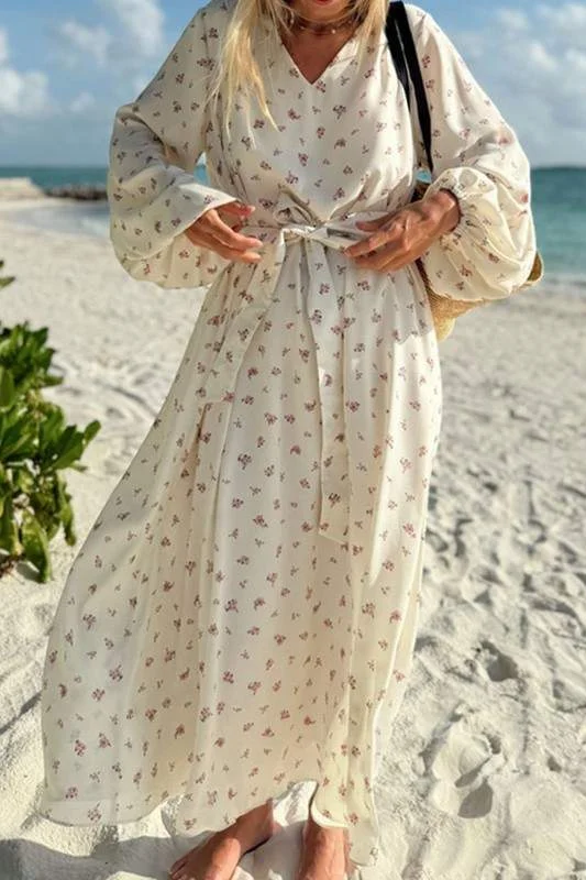V NECK CHIFFON PRINTED TIE DRESS