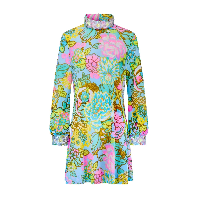 1970s Colin Glascoe Liberty Print Psychedelic Floral Embellished Dress