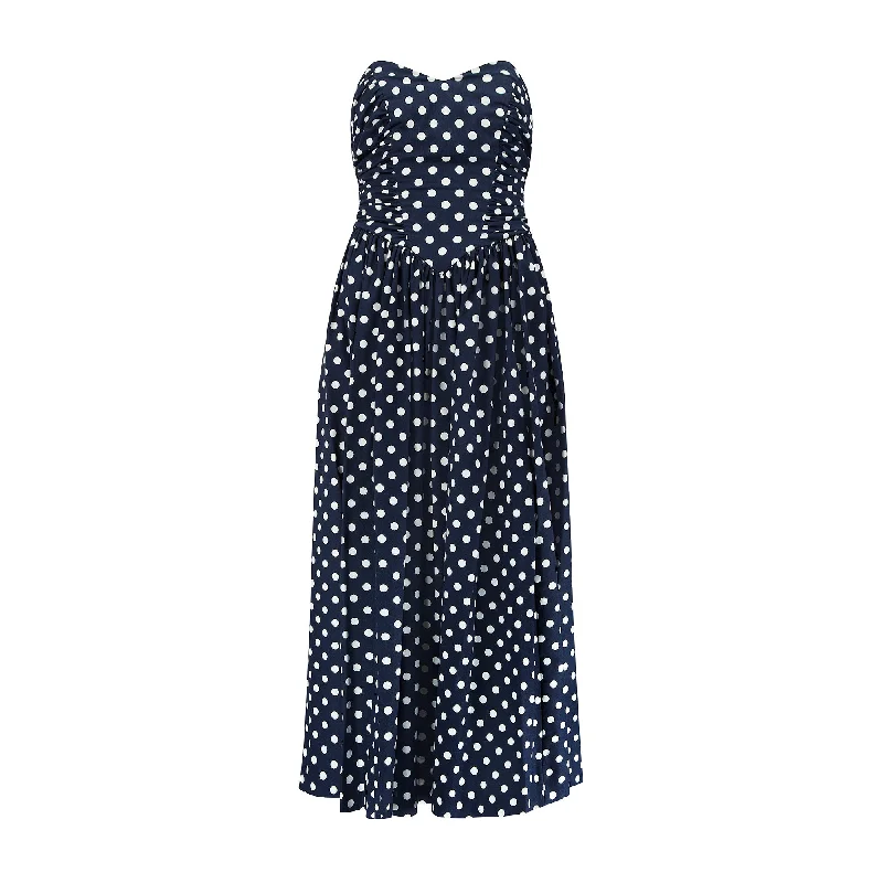 1990s Laura Ashley Navy Polka Dot Strapless Dress