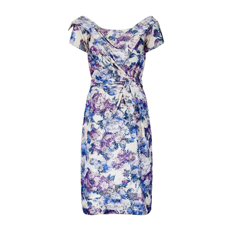 1960s Ceil Chapman Purple and Lilac Floral Silk Dress