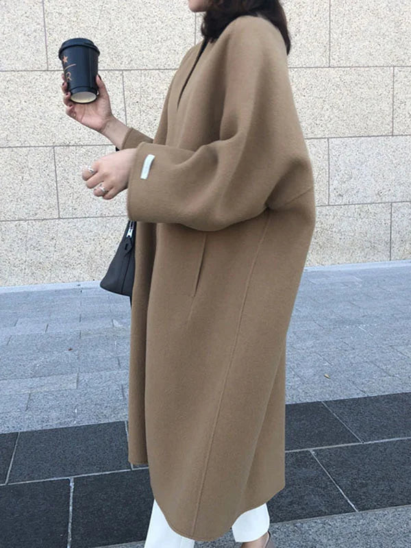 Long Sleeves Loose Solid Color Collarless Woolen Coat 127115 Hook-and-Loop Buckled Tied