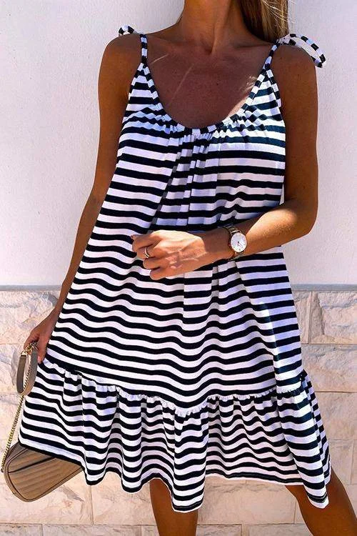 STRIPE RUFFLES HEM BACKLESS SLIP DRESS