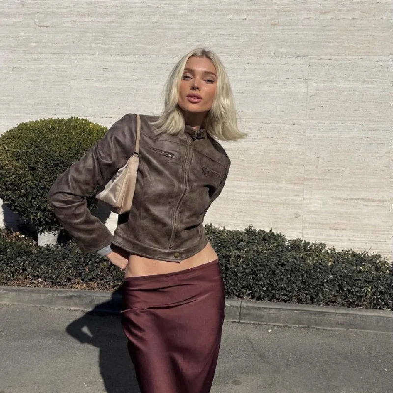 Maillard Motorcycle Hot Girl Vintage Distressed Leather Coat Square Neck One-Shoulder Off-the-Shoulder Maillard Motorcycle Hot Girl Vintage Distressed Leather Coat Square Neck One-Shoulder Off-the-Shoulder