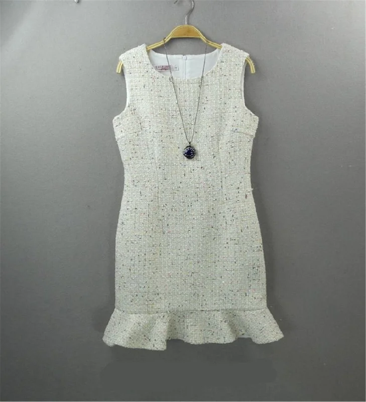 White Round Neck Tweed Fishtail Dress 4 Colours for Womens