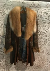 Kippys Lamb Leather Coat with Fox Fur Collar and Cuffs S Buttoned Toggled Snapped
