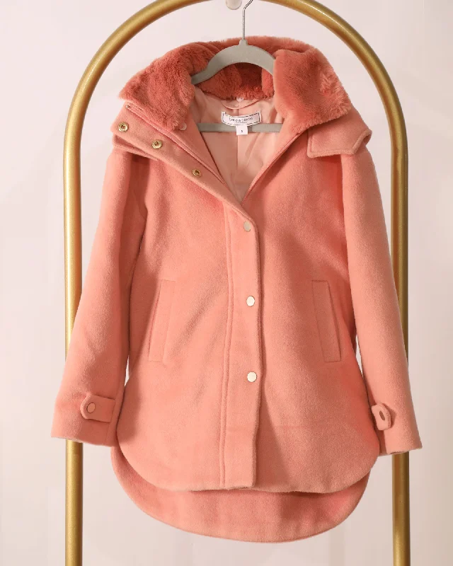 Girls Hooded Button-Up Coat with Detachable Fur - Pink Three-Quarter Sleeve Elbow Sleeve Wrist Sleeve Girls Hooded Button-Up Coat with Detachable Fur - Pink Three-Quarter Sleeve Elbow Sleeve Wrist Sleeve