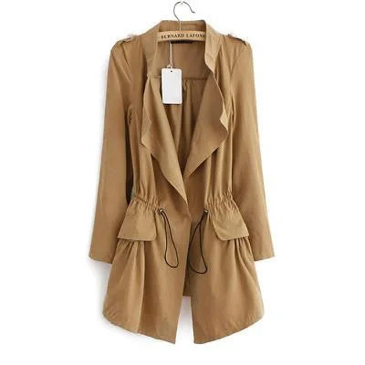 Office elegant khaki drawstring Waist Long trench coat for women Casual brand windbreaker female Raincoat Turtleneck Coat Wrap Coat