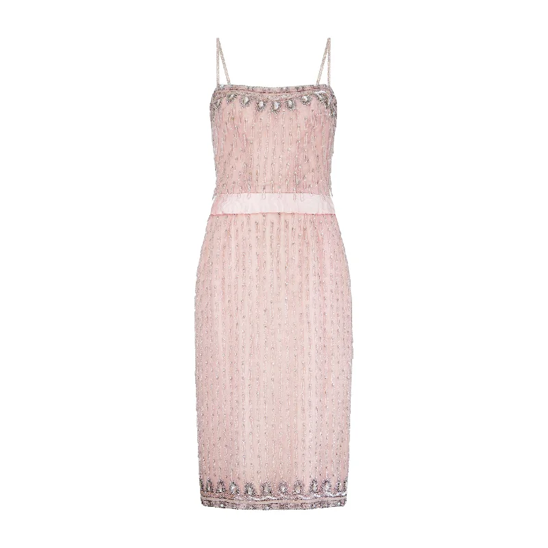 1950s Couture Pink Beaded and Sequin Dress with Mesh Overlay