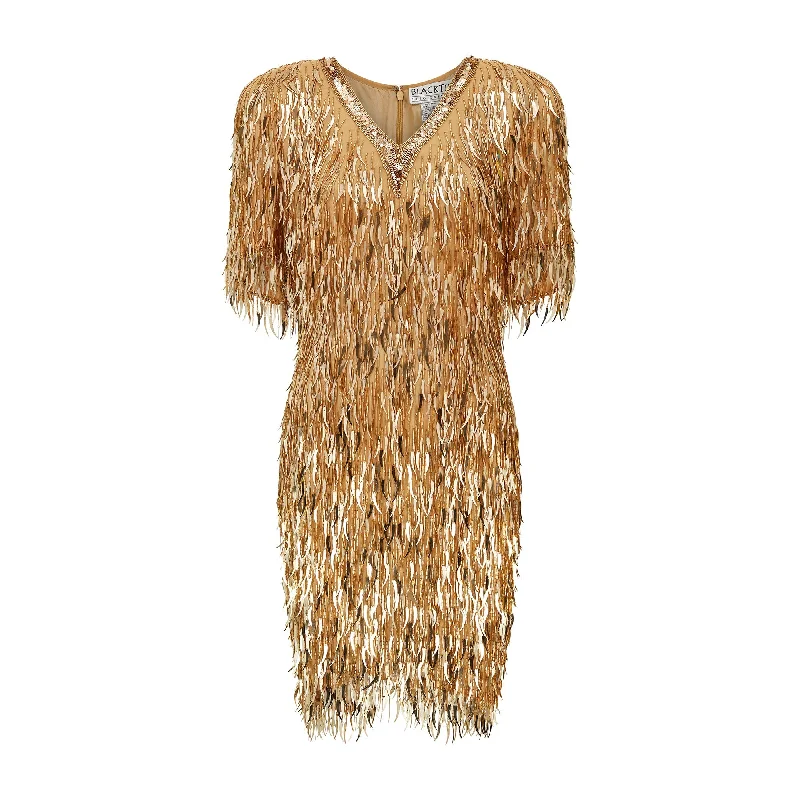 1990s Oleg Cassini Gold Beaded and Paillette Sequin Dress