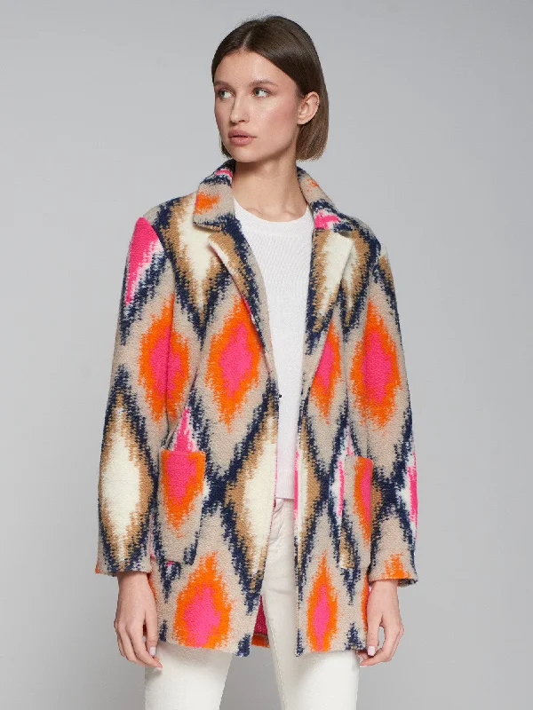 Vilagallo Bright Ikat Coat Stand-Up Roll-Neck Turtle
