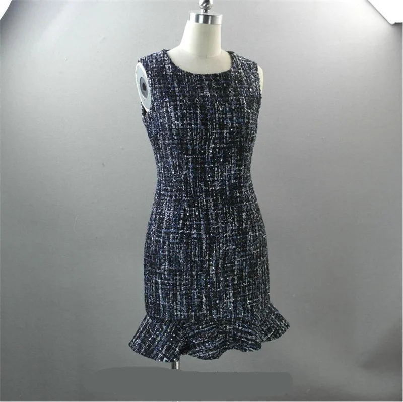 Custom Made Tweed Fishtail Dress in White, Pink, Blue, Black