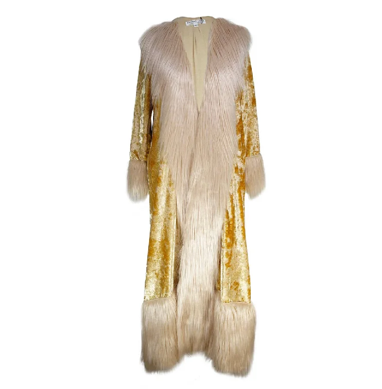 Penny Deluxe Champagne Velvet Faux Fur Coat M Bomber Denim Leather