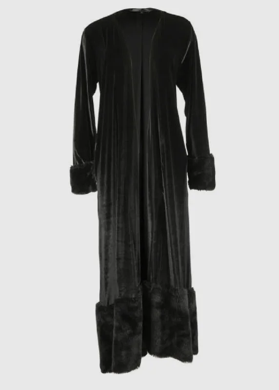 Maxi Black Velvet Coat Faux Fur M Buttoned Zippered Snapped