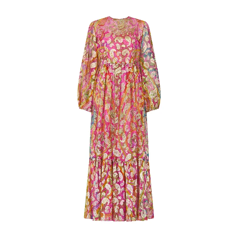 1970s Documented Paulette Buraud Pink and Gold Silk Paisley Dress