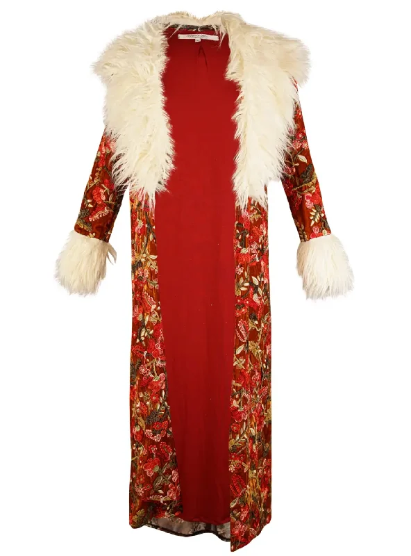 Penny Fresca Embroidered Faux Fur Maxi Coat Trim Padded Insulated
