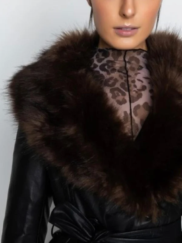 Estelle Black Pleather Faux Fur Knee Length Coat Asymmetrical Collar Hooded Zippered Estelle Black Pleather Faux Fur Knee Length Coat Asymmetrical Collar Hooded Zippered